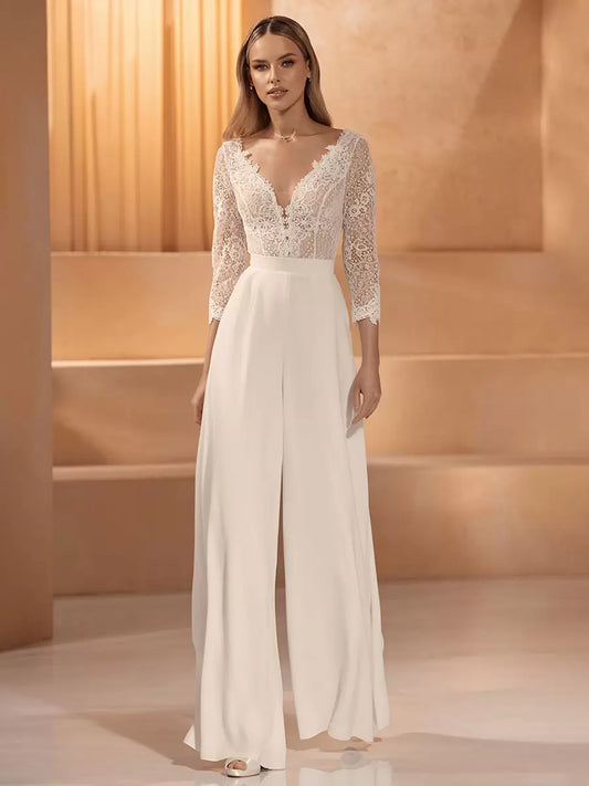Lace V-Neck 3/4 Length Sleeves Floor-Length Bridal Jumpsuit