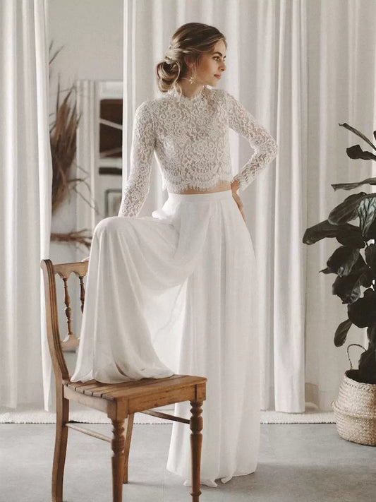 A-Line High Collar Long Sleeves Lace Floor-Length Wedding Dress