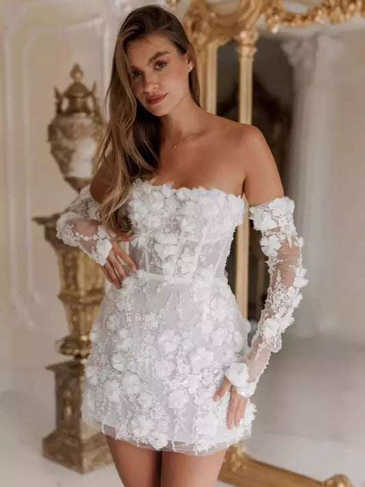 Flower Lace Strapless 3/4 Length Sleeves Short Wedding Dress