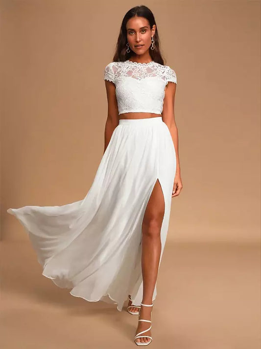 Jewel Neck A-Line Chiffon Lace Floor-Length Two-piece Wedding Dress