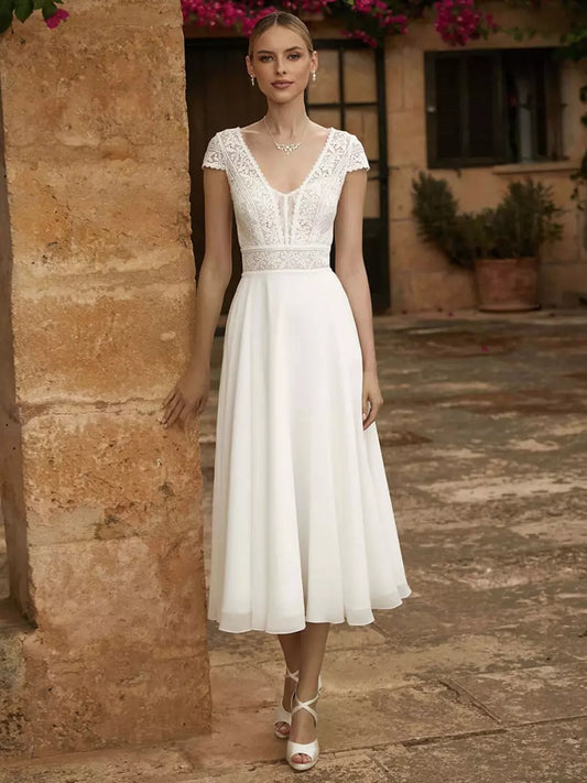V-Neck Short Sleeves A-Line Tea-Length Wedding Dress