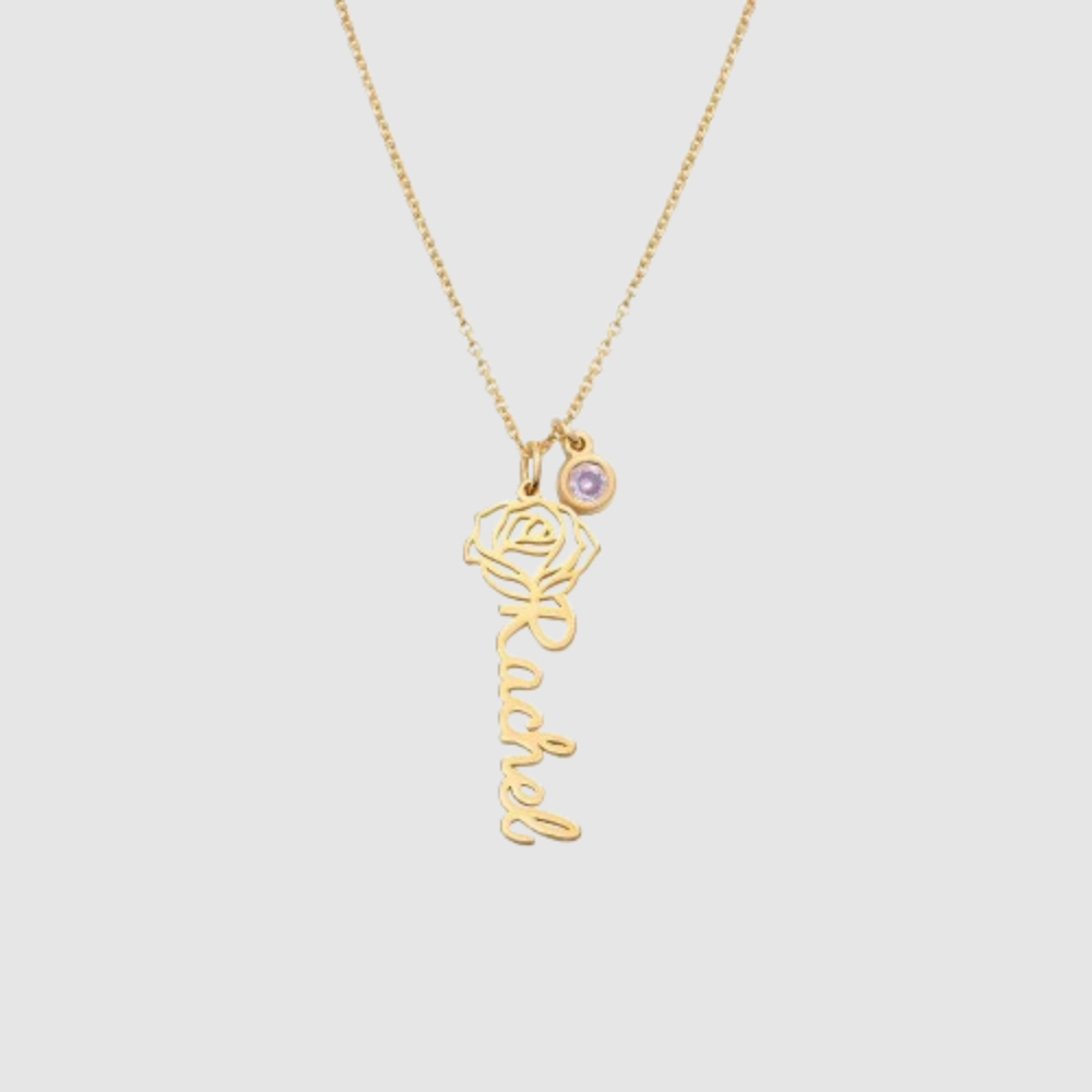Blooming Birth Flower Name Necklace with Birthstone