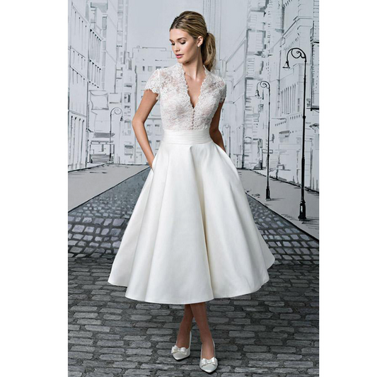 V-Neck A-Line Tea-Length Wedding Dress