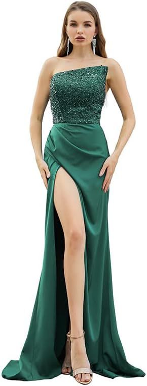 Satin Strapless Corset Side Slit Prom Dress With Beading