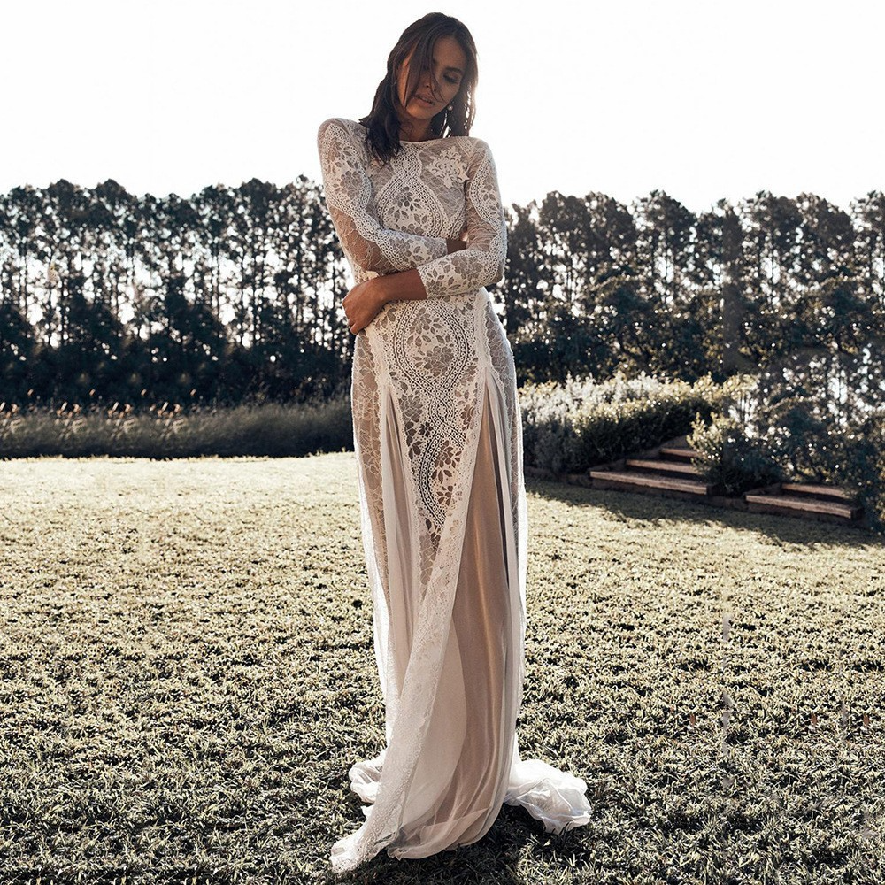 Lace Sweep Train Backless Wedding Dress With Split