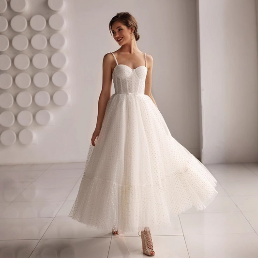 Sweetheart Spaghetti Straps Tea Length Wedding Dress