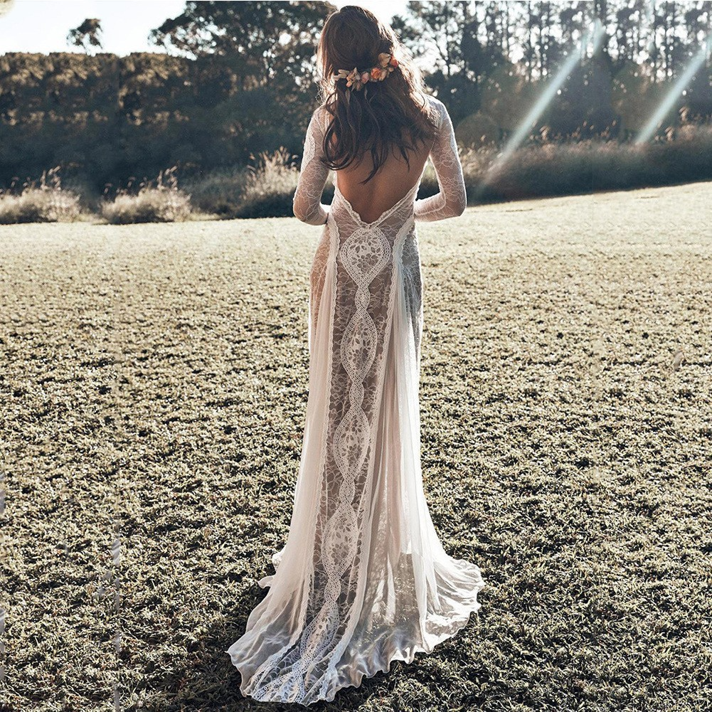 Lace Sweep Train Backless Wedding Dress With Split