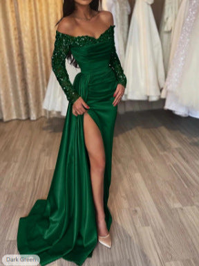 Satin Off-the-shoulder Ruched Prom Dress