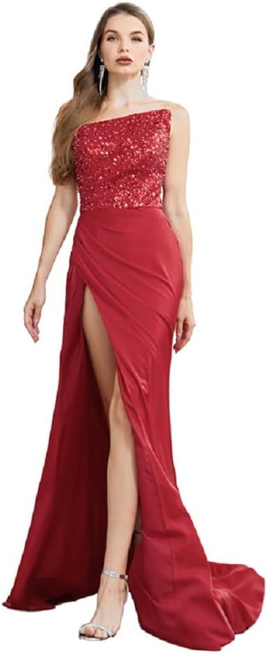 Satin Strapless Corset Side Slit Prom Dress With Beading