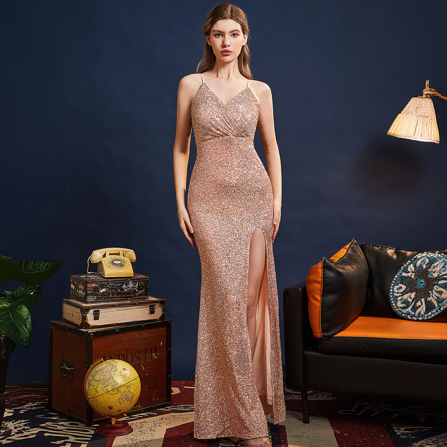 Sequin Spaghetti Strap Sleeveless Long Slit Evening Dress
