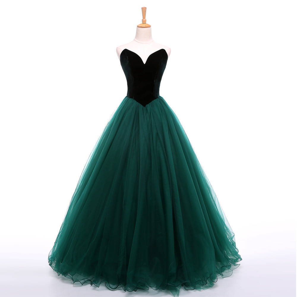 V-neck Velvet Tulle Ruffle Ball Gown Prom Dress