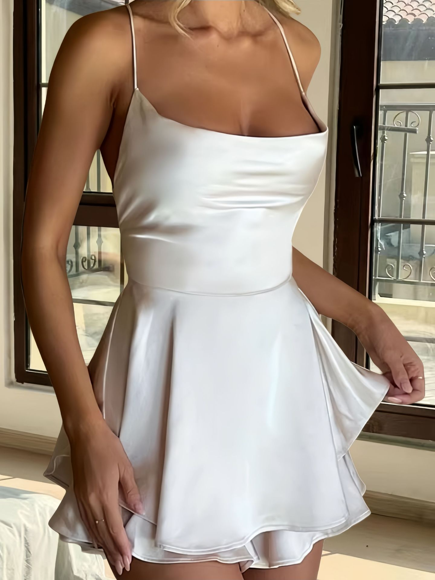 Skater Satin Cowl Neck Homecoming Dress