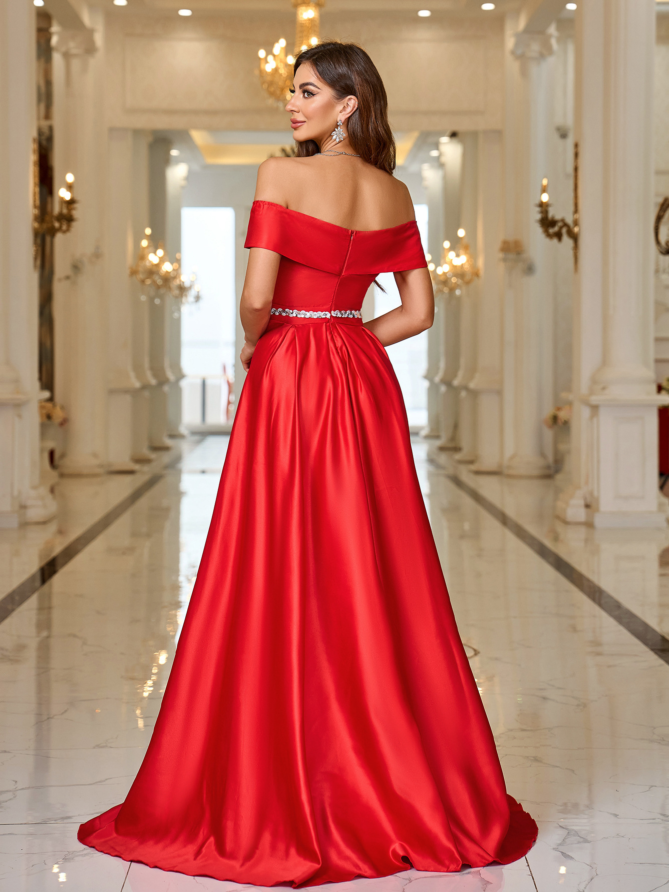 A-Line Sweep Train Satin Prom Dress With Sequins