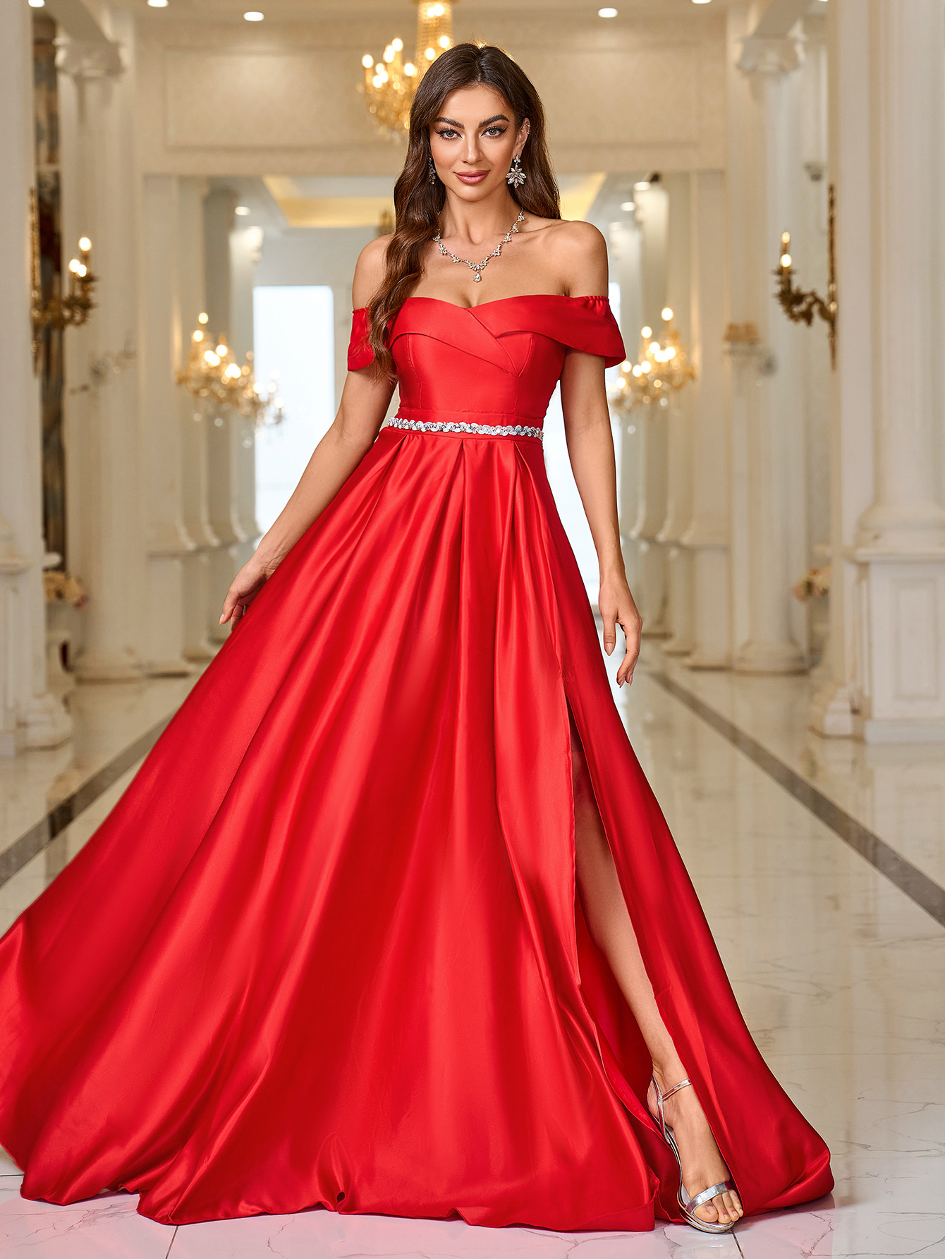 A-Line Sweep Train Satin Prom Dress With Sequins