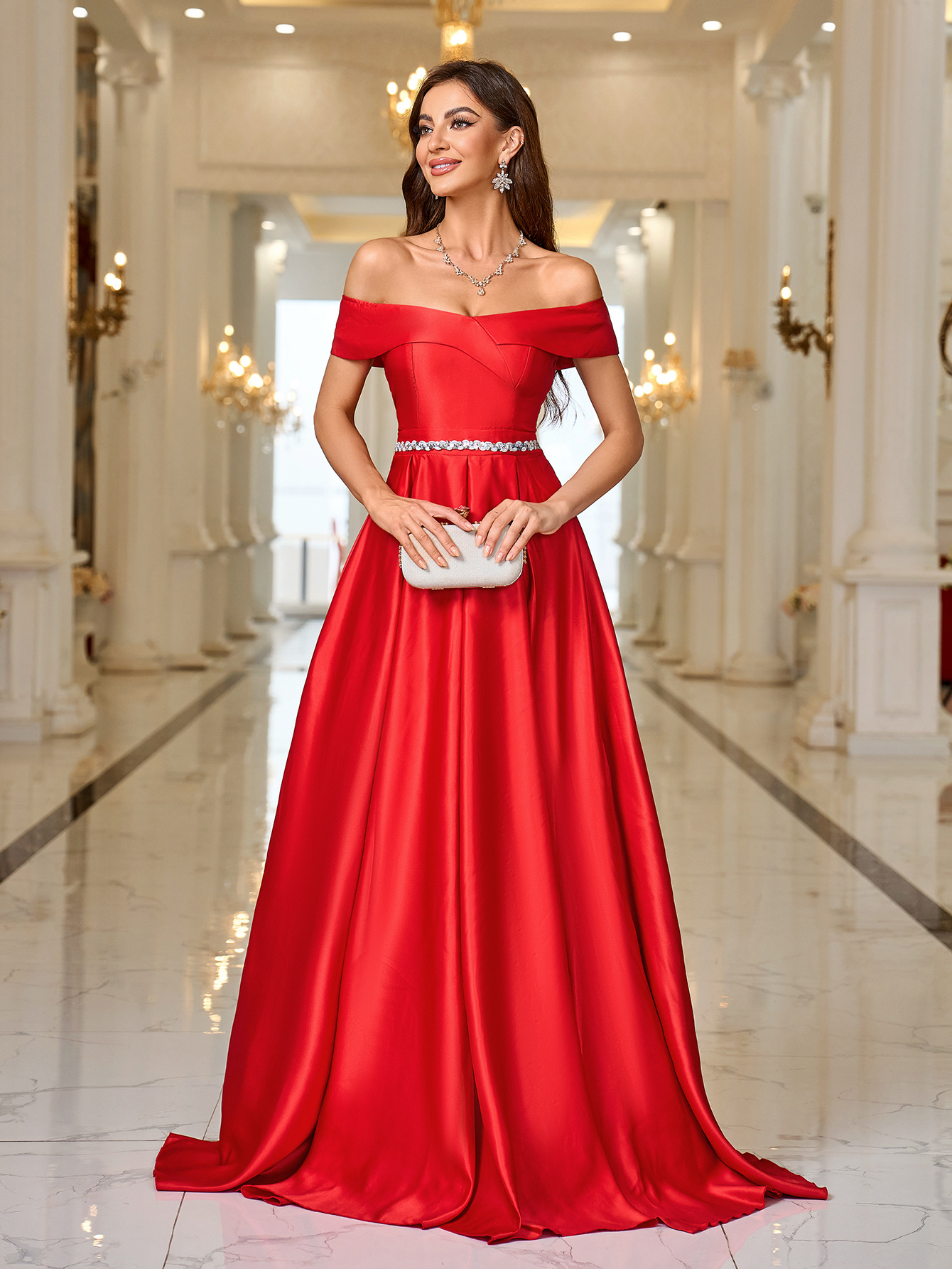 A-Line Sweep Train Satin Prom Dress With Sequins