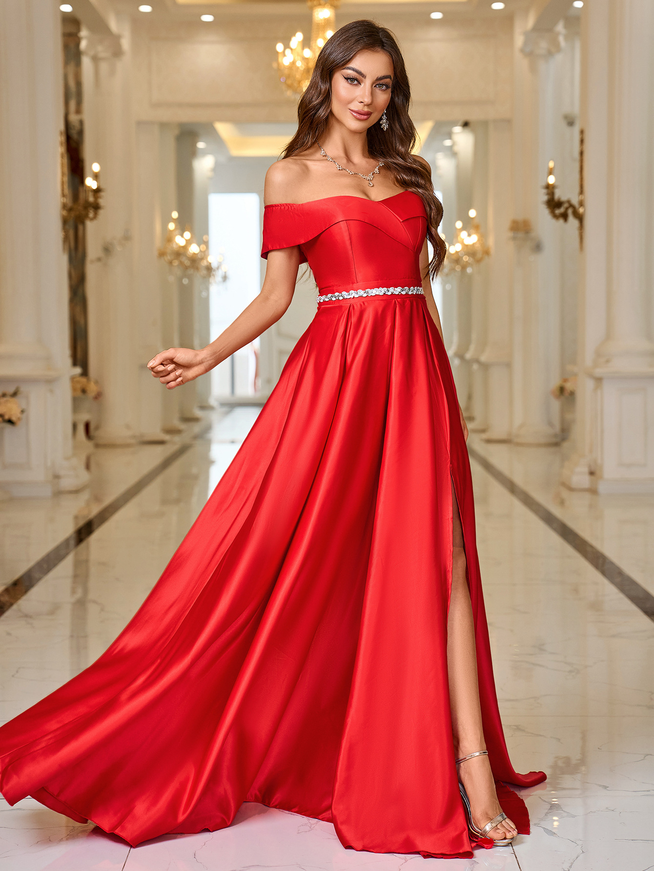 A-Line Sweep Train Satin Prom Dress With Sequins