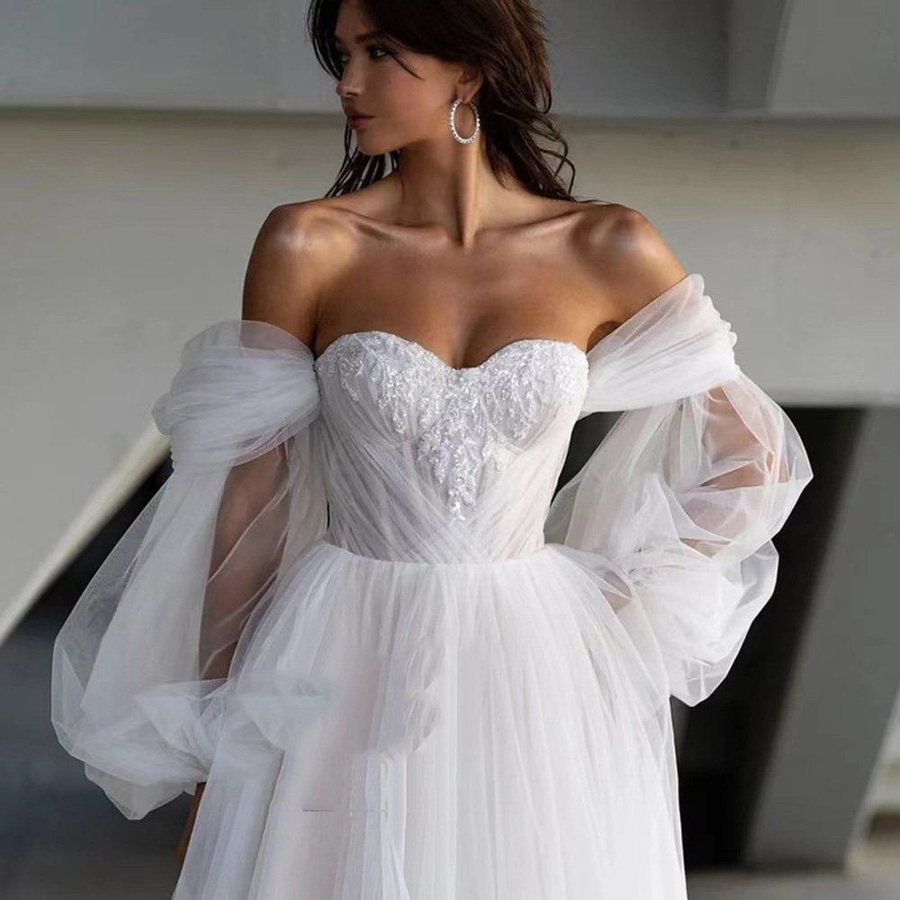 Off-The-Shoulder Long Lantern Sleeves A-Line Tulle Prom Dress