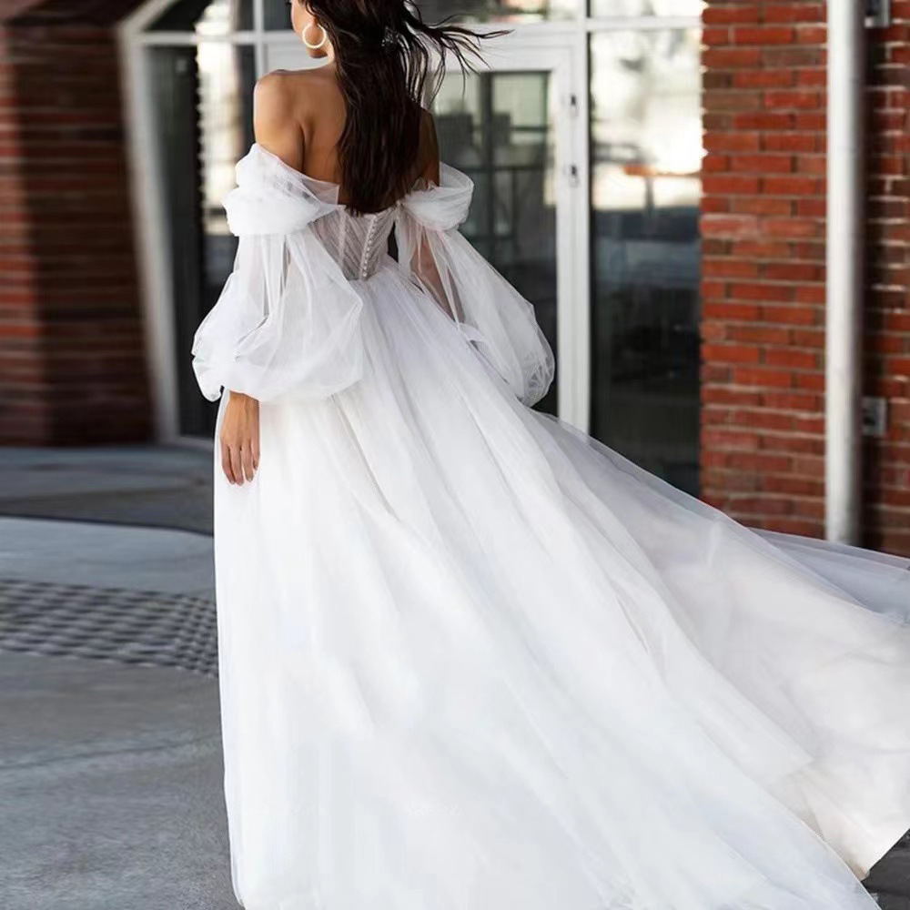Off-The-Shoulder Long Lantern Sleeves A-Line Tulle Prom Dress