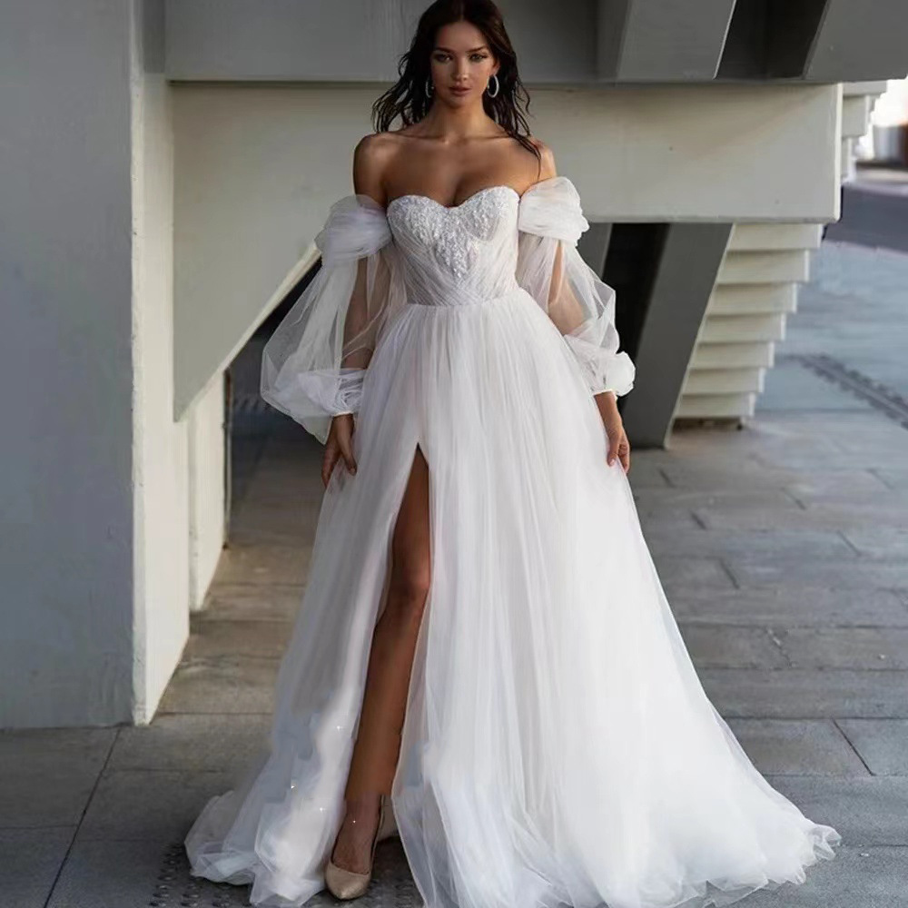 Off-The-Shoulder Long Lantern Sleeves A-Line Tulle Prom Dress