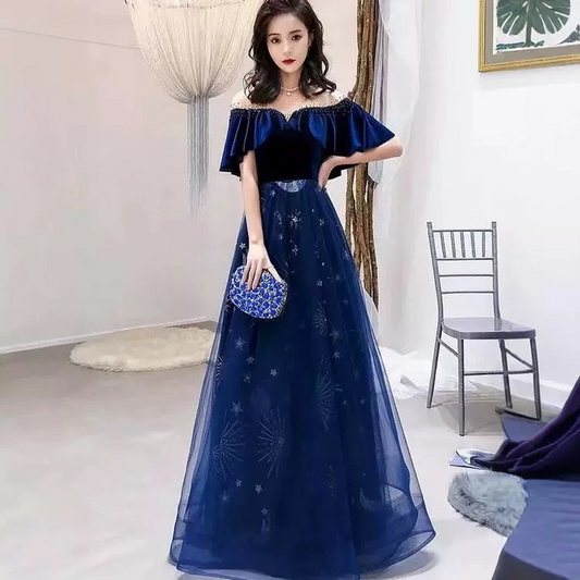 Long Tulle Velvet Patchwork Ruffles Prom Dress