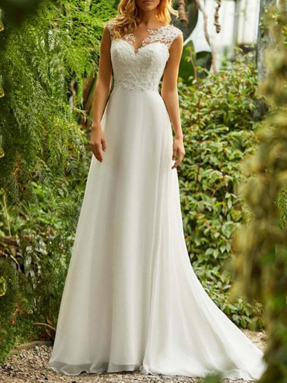 A Line V Neck Sleeveless Simple Wedding Dress