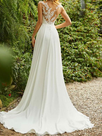 A Line V Neck Sleeveless Simple Wedding Dress