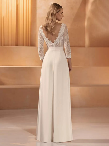 Lace V-Neck 3/4 Length Sleeves Floor-Length Bridal Jumpsuit