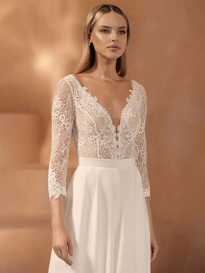 Lace V-Neck 3/4 Length Sleeves Floor-Length Bridal Jumpsuit