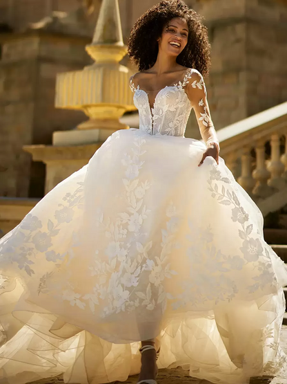 V-Neck A Line Long Sleeves Wedding Dress