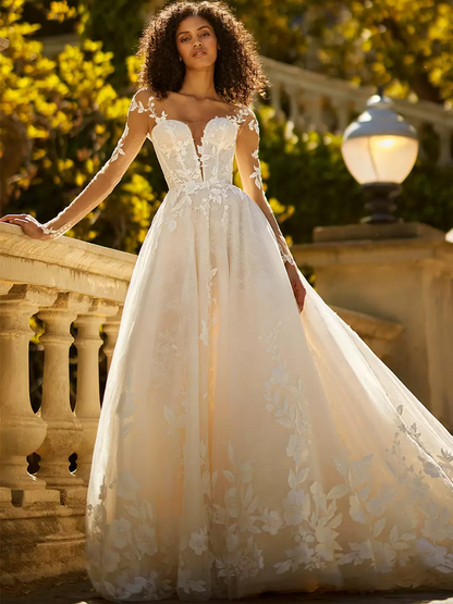 V-Neck A Line Long Sleeves Wedding Dress