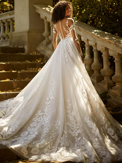 V-Neck A Line Long Sleeves Wedding Dress