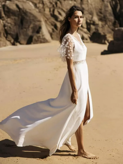 V-Neck Short Sleeves Simple Wedding Dress