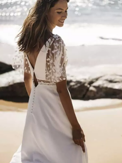 V-Neck Short Sleeves Simple Wedding Dress