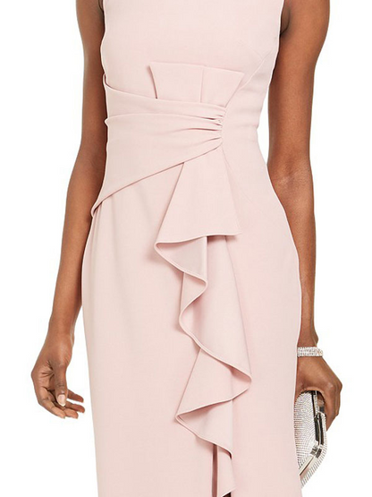 Bisque Sleeveless Pleated Front Split Bridesmaid Dress