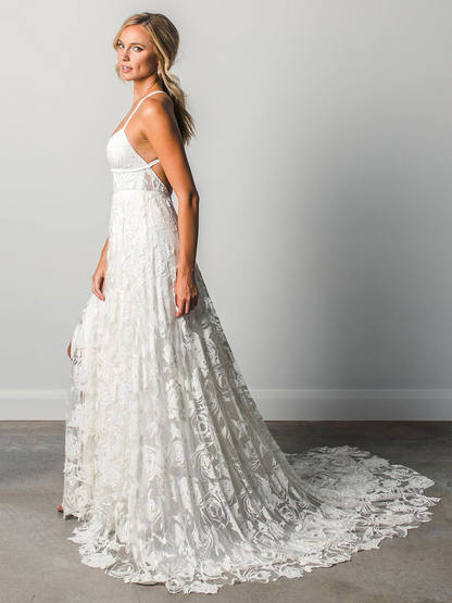 Ivory Lace Thin Strap Sleeveless Backless Slit Wedding Dress