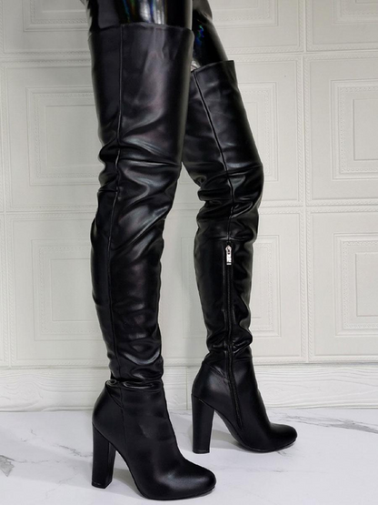 Black PU Leather Sky-High Chunky Heel Thigh-High Boots