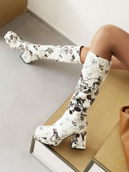 Women's Floral Print Block Heel Platform Knee-High Boots