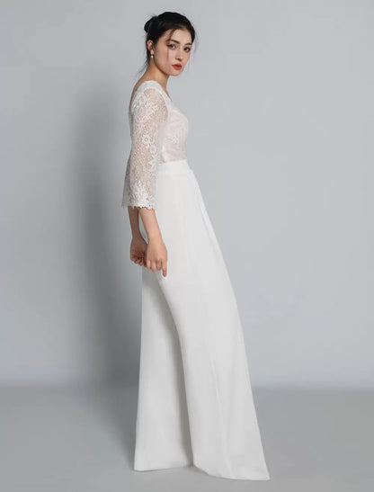Lace V-Neck 3/4 Length Sleeves Floor-Length Bridal Jumpsuit