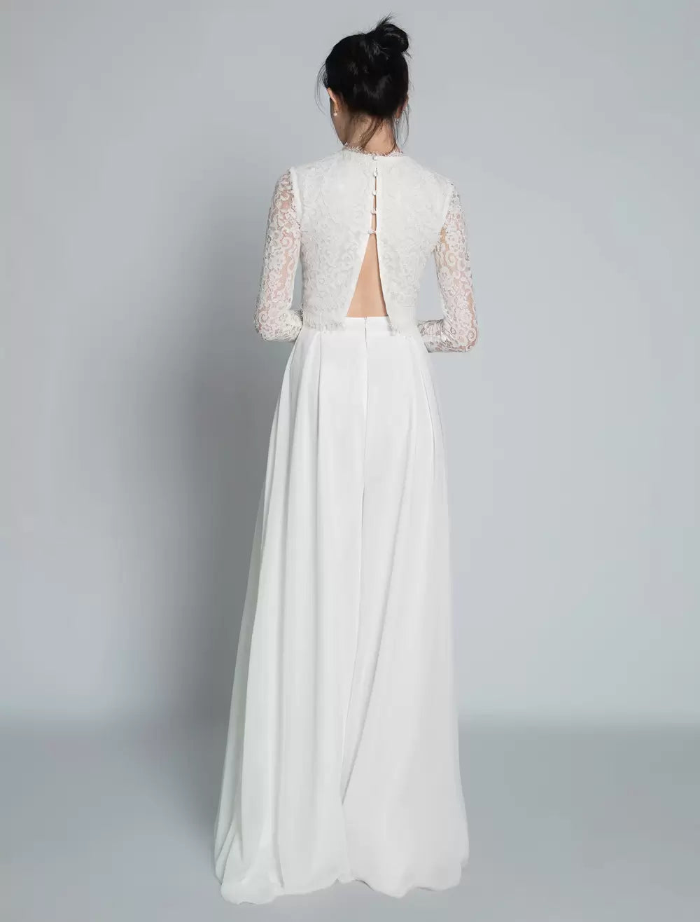 A-Line High Collar Long Sleeves Lace Floor-Length Wedding Dress