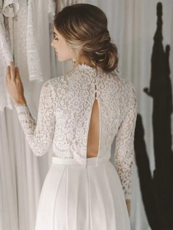 A-Line High Collar Long Sleeves Lace Floor-Length Wedding Dress