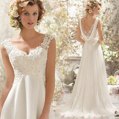 A-Line V-Neck Sleeveless Lace Flora Beaded Brush Train Wedding Dress