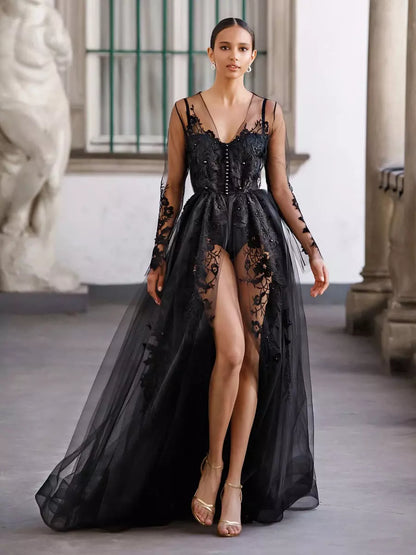 Black Gothic A-Line Long Sleeves Buttons Lace Brush Train Wedding Dress
