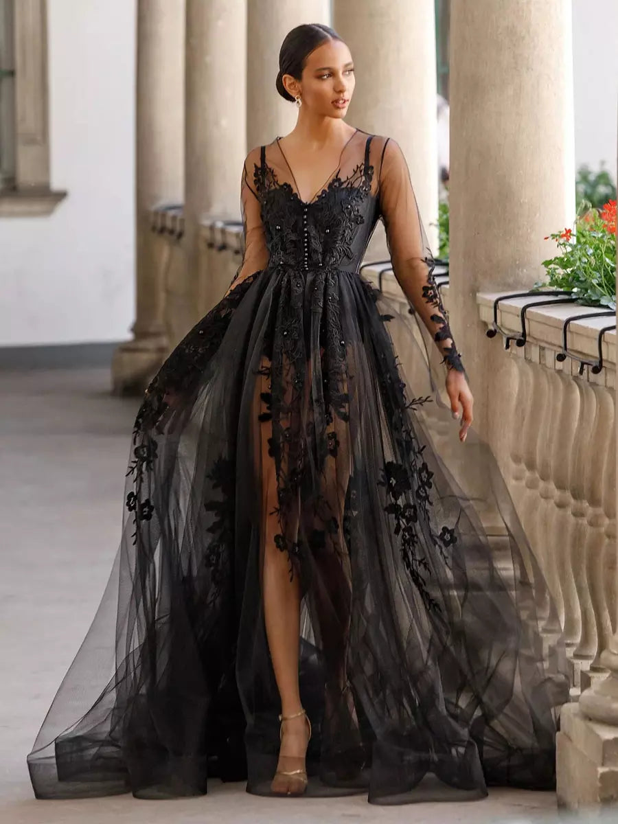 Black Gothic A-Line Long Sleeves Buttons Lace Brush Train Wedding Dress