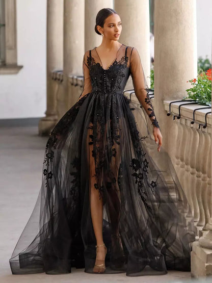 Black Gothic A-Line Long Sleeves Buttons Lace Brush Train Wedding Dress