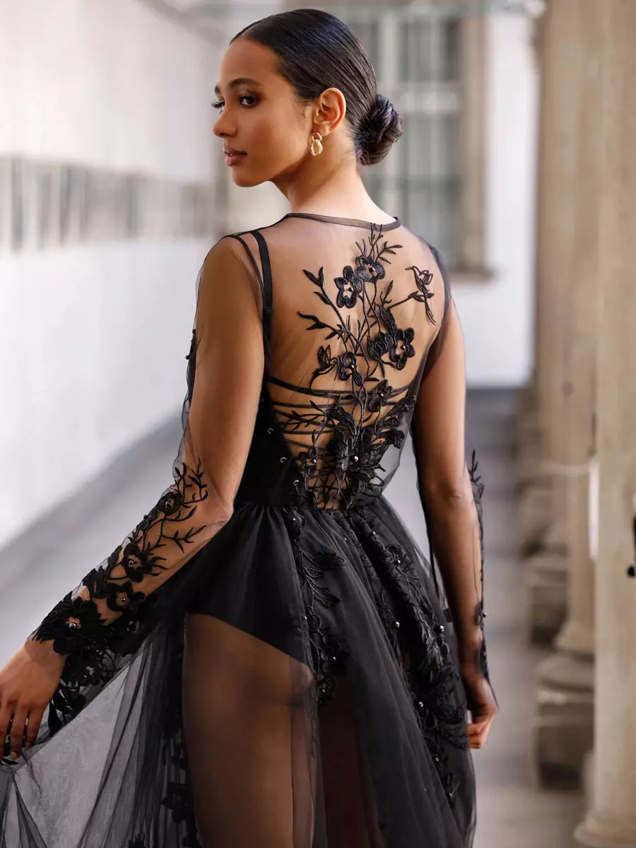 Black Gothic A-Line Long Sleeves Buttons Lace Brush Train Wedding Dress