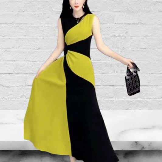 Black Patchwork Maxi Sleeveless Round Neck Dress
