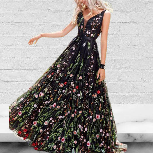 Black V-Neck Sleeveless Flower Embroidered Tulle Maxi Dress