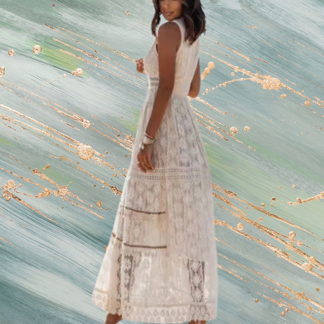 Deep V-Neck Lace Embroidered Hollow Maxi Dress