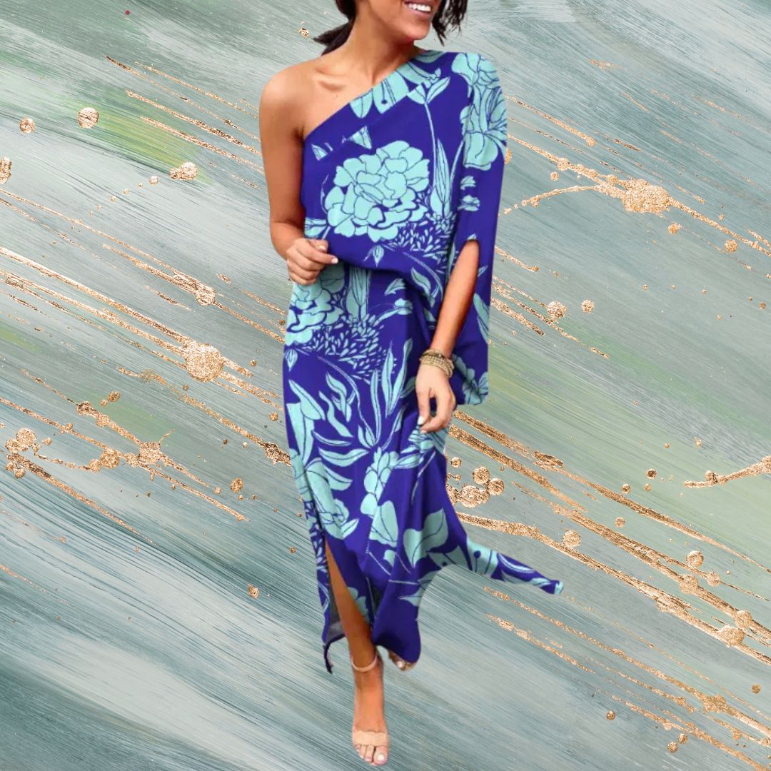 Floral Printed One Shoulder Split Hem Maxi Dress