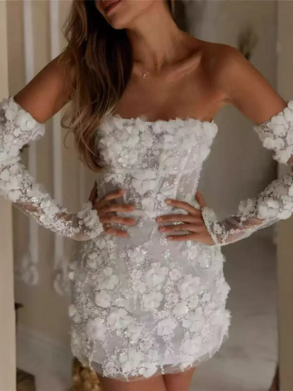 Flower Lace Strapless 3/4 Length Sleeves Short Wedding Dress